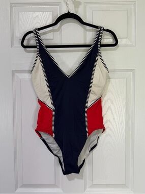 Vintage Tommy Hilfiger Navy, White & Red Stripe-Trim One-Piece